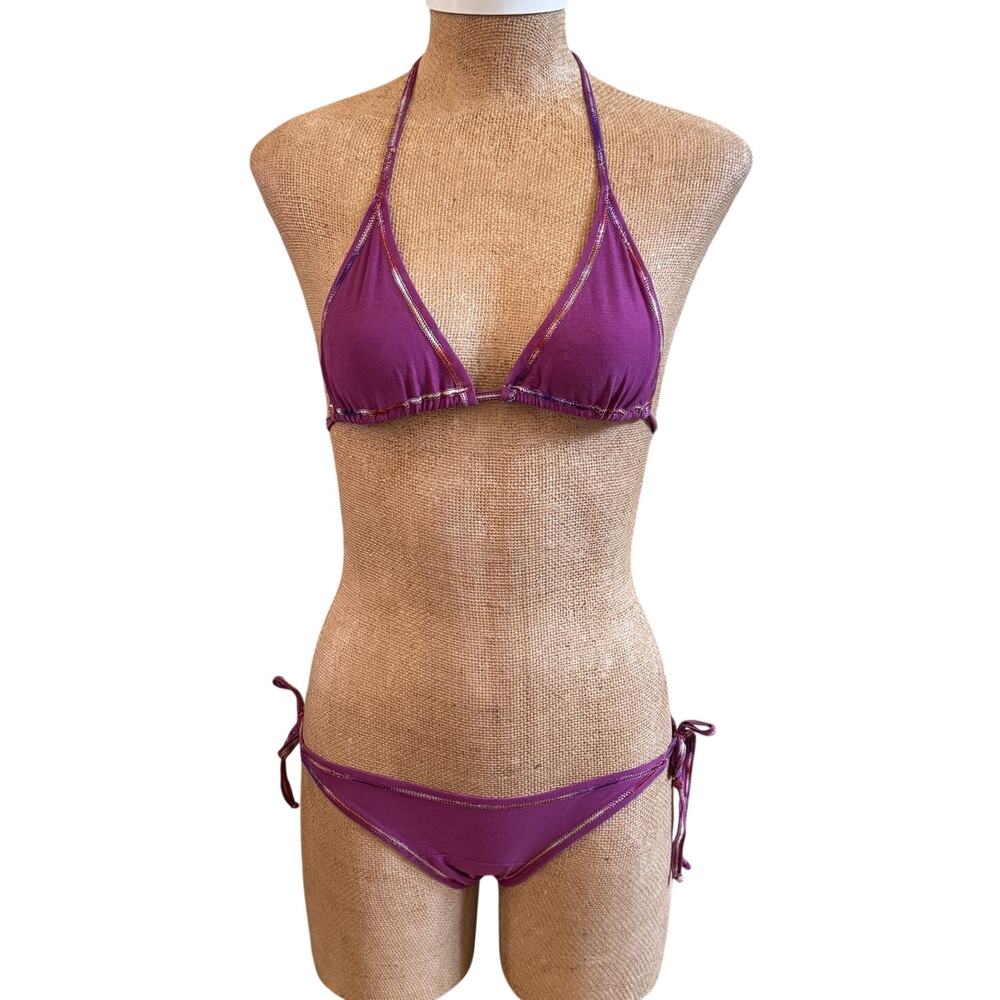 Missoni Purple Triangle Top String Bikini Bathing Swimsuit Small Multicolor Trim